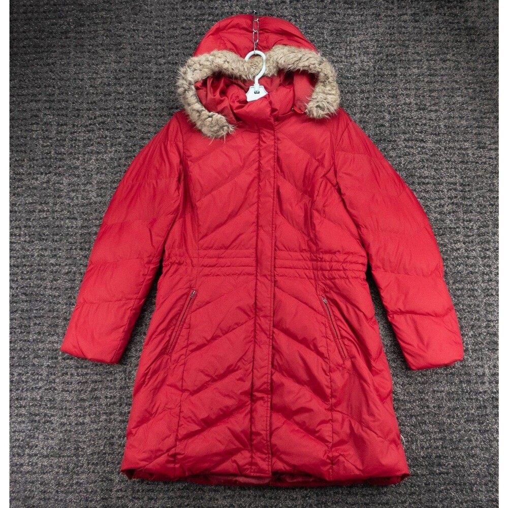 Talbots Parka Jacket Womens Large Red Full Zip Faux Fur Lined Hood Puffer Down